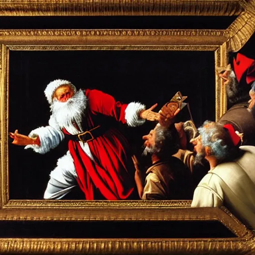 Prompt: Father Christmas fighting over a flat screen tv on Black Friday Painted by Caravaggio