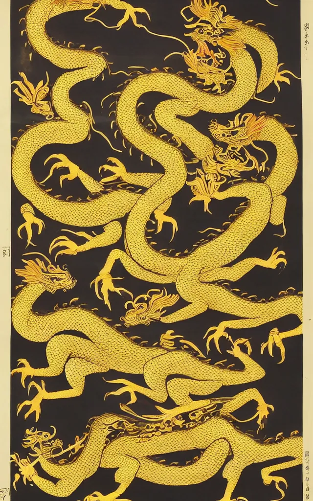 Prompt: a chinoiserie poster depicting a golden dragon