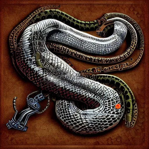 Image similar to a steampunk robotic snake, dark background, super - detailed, photo - realistic,