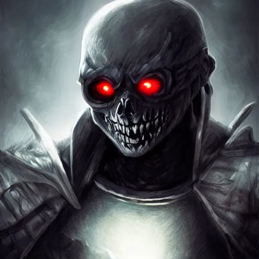 Prompt: photorealistic dark fantasy concept art of nightmare sans with his eye glowing, dynamic lighting, stunning visuals, ray tracing, beautiful scenery, cinematic, full body portrait, ultra detailed, hyper detail