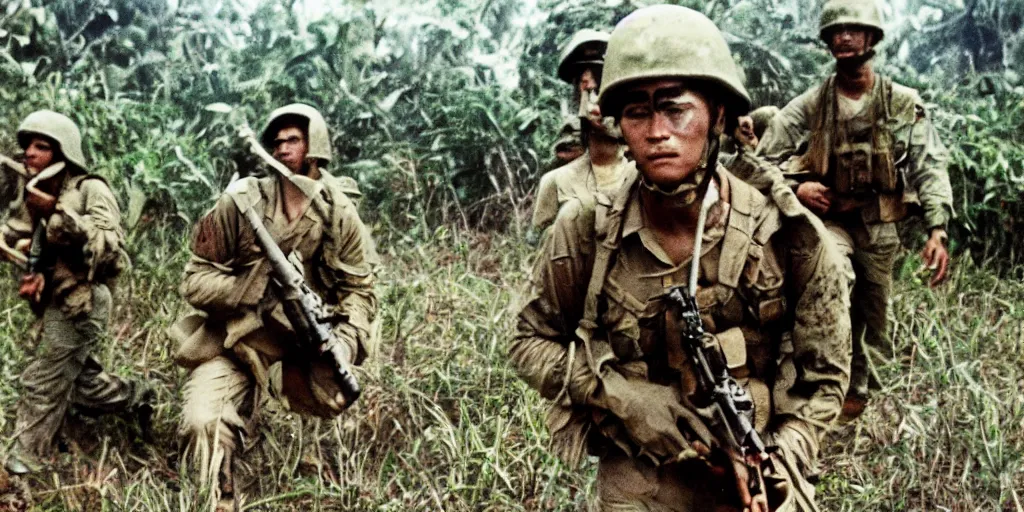 Image similar to u. s. marines move through a landing zone 1 9 6 9, vietnam war, soldiers closeup, face closeup, us flag, jungles in the background, coloured film photography, exposed colour film, ken burns photography lynn novick photography