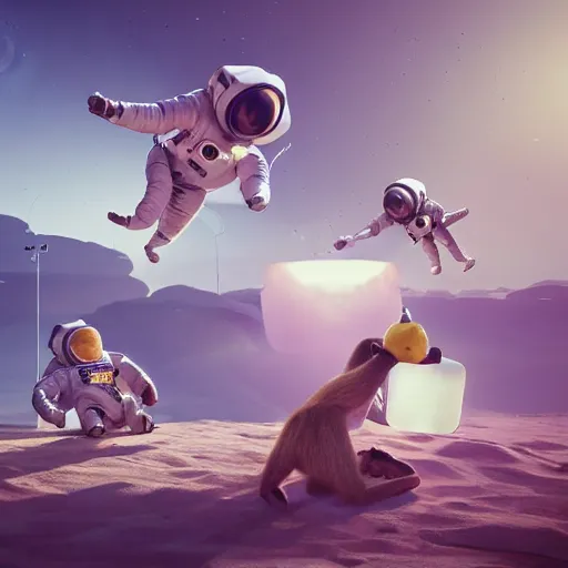 Prompt: astronaut monkeys laughting throwing bananas on each other, realistic, dramatic light, artwork by Tooth Wu and wlop and beeple, octane render, trending on artstation, greg rutkowski very coherent symmetrical artwork, cinematic, hyper realism, high detail, octane render, 8k