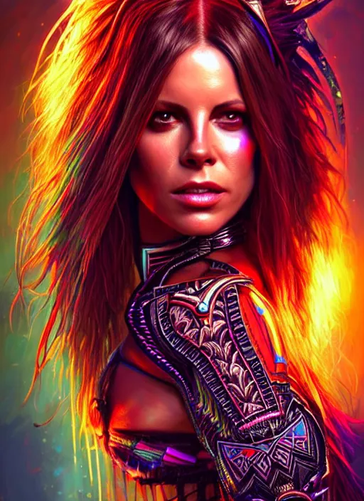 Image similar to hyper detailed ultra sharp aztec underworld warrior trance girl, beautiful face, kate beckinsale. trending on artstation, warpaint aesthetic, earthwave, colorful, neon, ornate, intricate, digital painting, concept art, smooth, sharp focus, illustration, art by artgerm and greg rutkowski and h. r. giger, 8 k