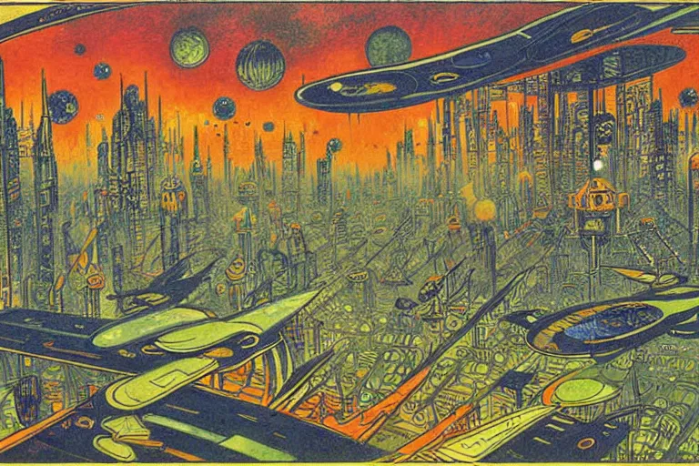 Prompt: a scifi illustration, Bird City on Endor by Louis Wain (1920)
