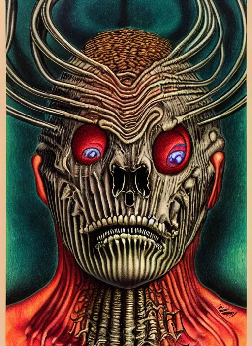 Image similar to a character portrait piece by hr giger, francis goya, basil wolverton, lisa frank, roy litchenstein