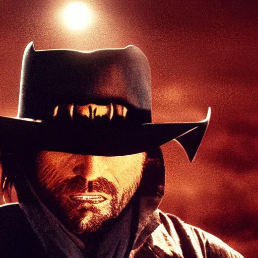 Prompt: batman in a cowboy hat stars in a gunslinger spaghetti western, movie still, dramatic lighting, sunset, vintage film