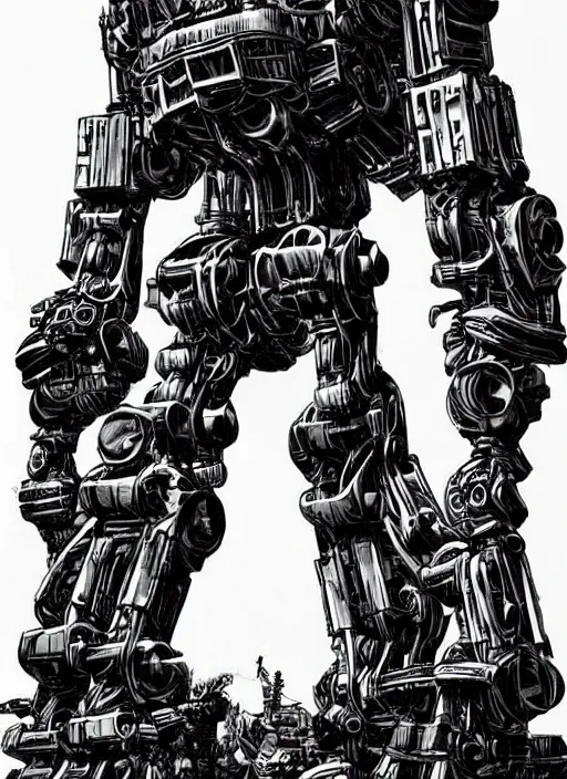 Image similar to A giant mech suit made out of pirate ship parts, bipedal, humanoid, wooden, canons attached to arms, masts for legs by Mike Deodato