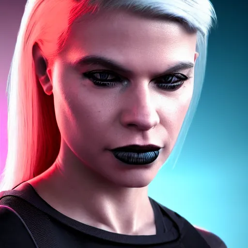 Image similar to Linda Hamilton, neon face tattoo, cyberpunk background, straight hairstyle, white eyes, blonde hair, realistic render, short hair, unreal engine render, Icaro Carvalho