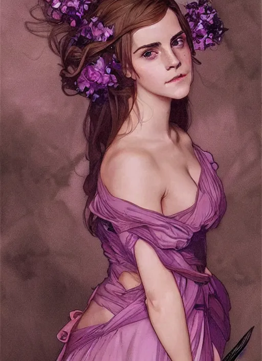 Image similar to full figure emma watson at the yule ball wearing revealing elegant pink and purple dress with flounces. beautiful detailed face. by artgerm and greg rutkowski and alphonse mucha