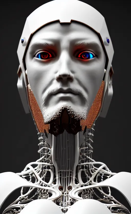 Image similar to white cyborg Jesus, cyber copper spiral decorations, white elegant baroque design, headshot half figure, photorealistic, 8k, hyper detailed, unreal engine, trending on artstation