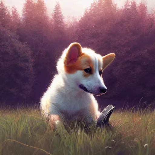 Prompt: a perfect corgi puppy in a beautiful meadow, cute, happy, lifelike, realistic, extremely detailed digital illustration, greg rutkowski, artgerm, moebius, simon stalenhag, ruan jia, makoto shinkai, award - winning, masterpiece, trending on artstation