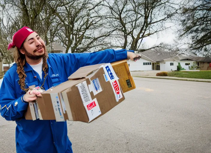 Prompt: dslr photo still of post malone as a postal worker mailman putting letters in mailbox and delivering packages to door, 8 k, 8 5 mm f 1 6