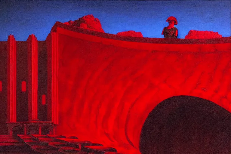 Image similar to only with red, a red melted emperor, taormina amphitheatre, crowd hails him happy, in the style of beksinski, parts by edward hopper, parts by rodcenko, parts by yue minjun, intricate and epic composition, red by caravaggio, insanely quality, highly detailed, masterpiece, red light, artstation, 4 k