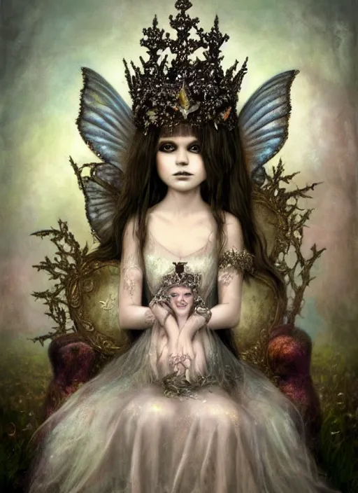 Prompt: highly detailed closeup portrait of a goth fairy princess wearing a crown and sitting on a throne, nicoletta ceccoli, mark ryden, lostfish, earl nore, global illumination, god rays, detailed and intricate environment