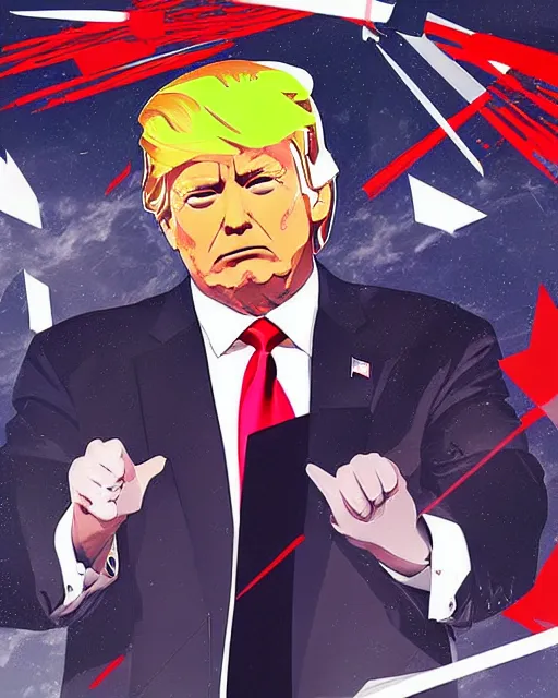 Image similar to Digital state-sponsored anime art of Donald Trump by A-1 studios, serious expression, empty warehouse background, highly detailed, spotlight