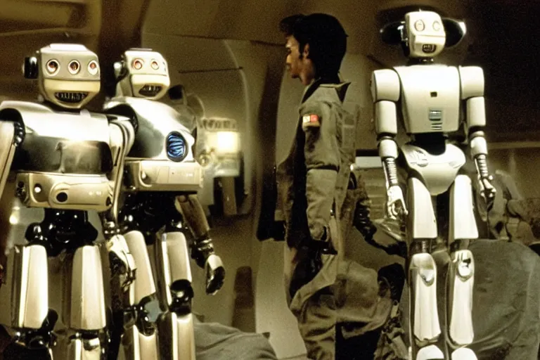 Image similar to a movie still from the 1985 summer blockbuster movie Back to the Robots directed by Steven Spielberg