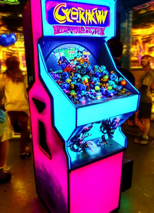 Image similar to cyberpunk claw toy prize machine, sign that says glitch, in an arcade