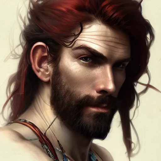 Image similar to portrait of a young ruggedly handsome but optimistic pirate, male, masculine, upper body, red hair, long hair, d & d, fantasy, intricate, elegant, highly detailed, digital painting, artstation, concept art, matte, sharp focus, illustration, art by artgerm and greg rutkowski and alphonse mucha