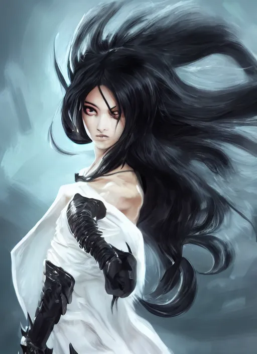 Image similar to a highly detailed illustration of fierce messy ponytail black haired one armed!!! delinquent woman wearing long white tokkoufuku cape, dramatic wielding sword pose, muscular, intricate, elegant, highly detailed, centered, digital painting, artstation, concept art, smooth, sharp focus, league of legends concept art, wlop.