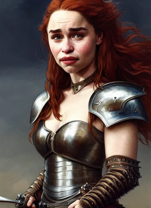 Image similar to staring seductevely portrait of emilia clarke as a knight, medival armor, redhead, sword, dark ages, intricate, headshot, highly detailed, digital painting, artstation, concept art, sharp focus, cinematic lighting, illustration, art by artgerm and greg rutkowski, alphonse mucha, cgsociety