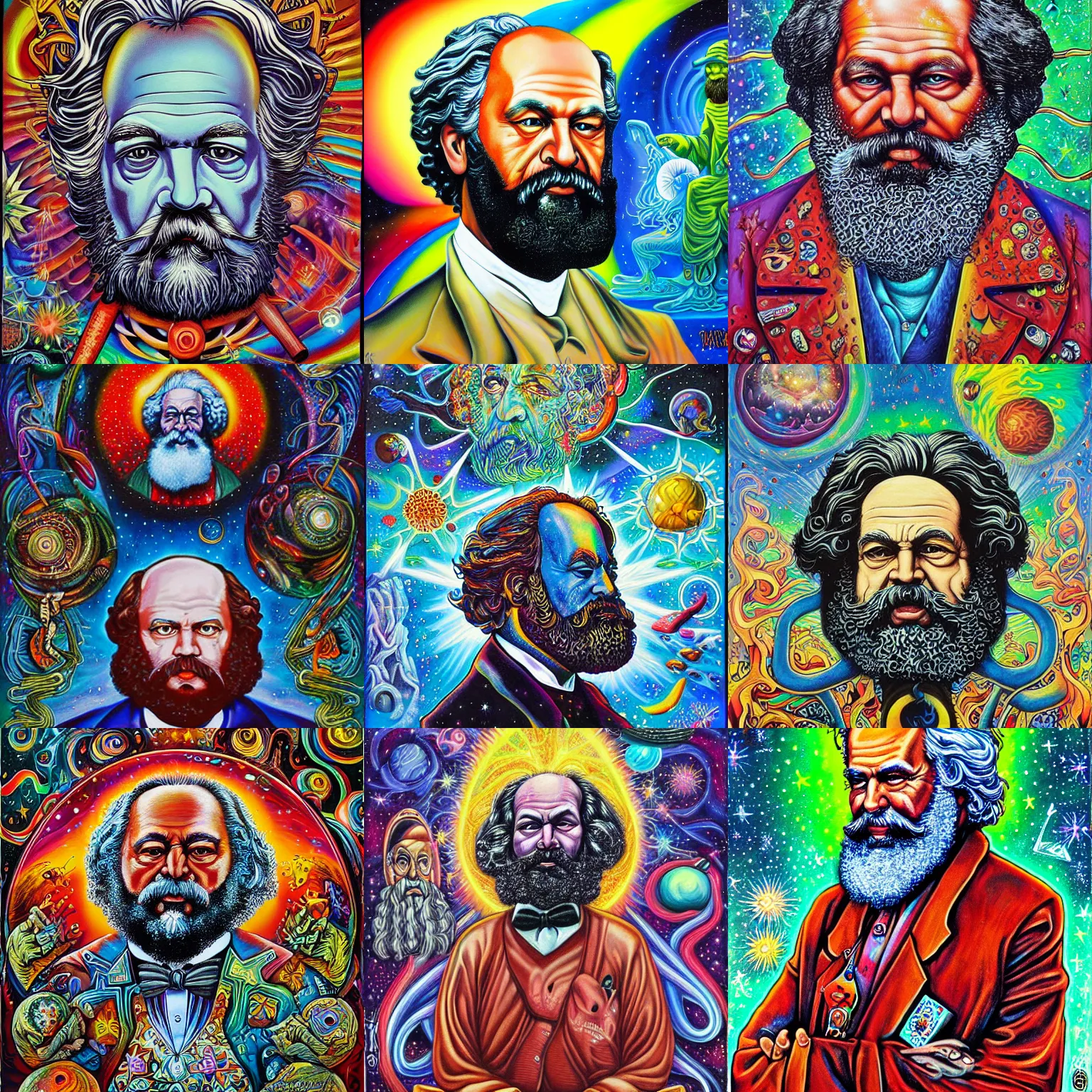 Prompt: cosmic Karl marx painting by aaron brooks, chris dyer, android jones, and alex grey, highly detailed, high quality, high definition