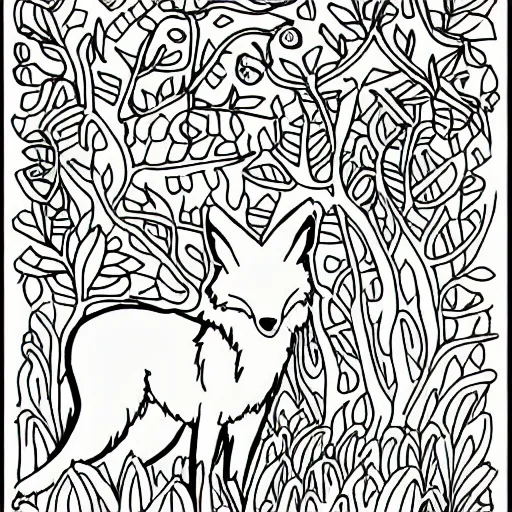 Prompt: a coloring page of a fox in an enchanted forest