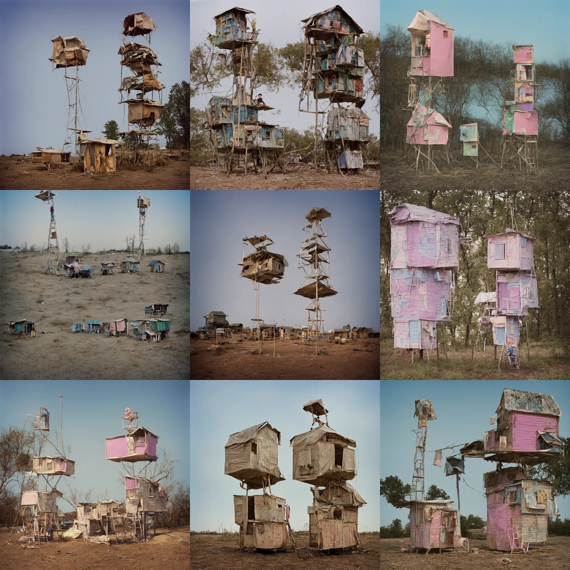 Prompt: a suspended tower over a quagmire, made up of makeshift squatter shacks with pastel colours, mamiya, 8 5 mm, f 1. 7, fully frontal view, uniform plain sky, photographed by julie blackmon