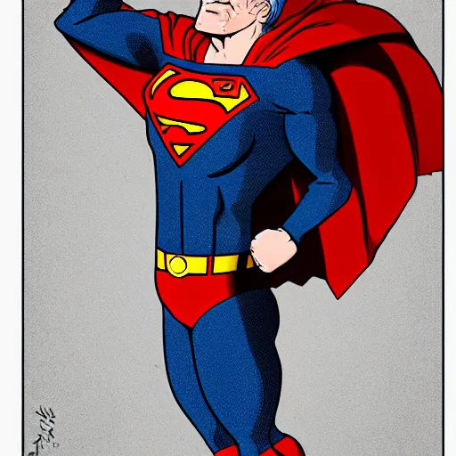 Image similar to superman as a very old man, sagging, wrinkled, white haired, skinny arms and legs, in the style of wayne boring and joe shuster, high detail, 8 k resolution, trending on artstation, trending on deviantart - c 1 0