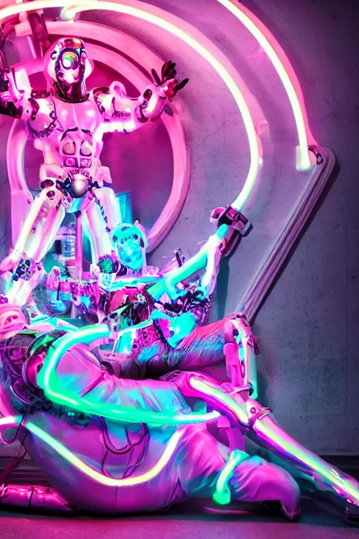 Image similar to fantasy medeival and cyberpunk style white neon statue of a muscular attractive tan male macho dotado android reclining sim roupa con piroca dura, glowing pink face, white baseball cap, blue steampunk lasers, emeralds, swirling silver silk fabric. futuristic elements. prismatic rainbow spotlight, full-length view. space robots. human skulls. throne made of bones, intricate artwork by caravaggio. Trending on artstation, octane render, cinematic lighting from the right, hyper realism, octane render, 8k, depth of field, 3D