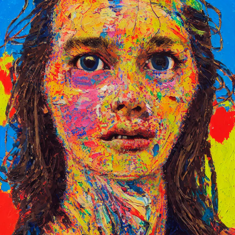 Prompt: close up studio portrait of lovely hippy chick symmetrical face with her hair in a patterned bandana in 1972, impasto heavy brushstrokes oil painting by Norman Rockwell and Tim Hawkinson and Cy Twombly, Intense colors trending on artstation dramatic lighting Expressionism