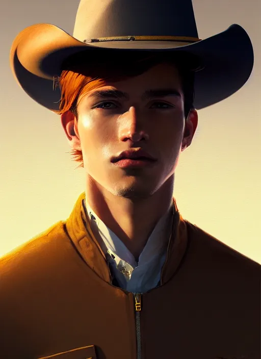 Image similar to ultradetailed beautiful panting of a stylish young man wearing a explorer suit with a cowboy hat, dramatic, he has blond hair, distressed, volumetric light, by greg rutkowski, ilya kuvshinov, james jean, makoto shinkai, on artstation