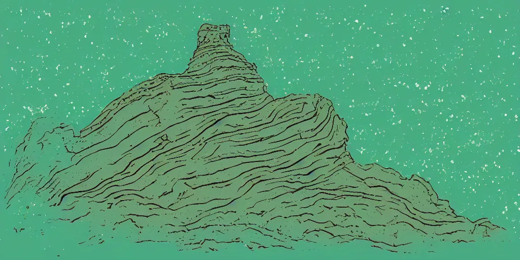 Prompt: an impossible rock formation that looks like a snake under the stars, 1940s faded risograph print, illustration, limited color palette, earthtones, double-exposure, astrophotography