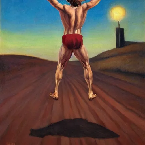 Image similar to nicolas cage as triumphant sweaty muscular centaur with a halo, dystopian, pj crook, edward hopper, oil on canvas