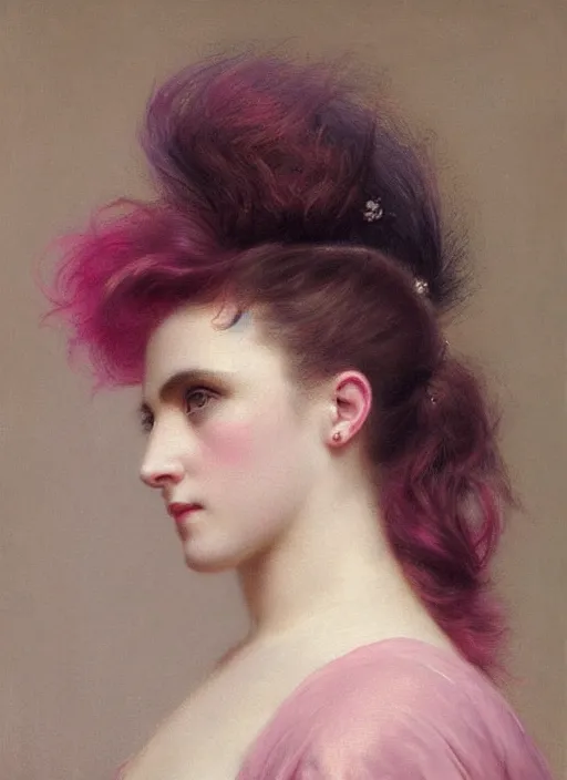 Image similar to a detailed portrait of woman with a mohawk by edouard bisson, year 1 8 9 0, pink hair, punk rock, oil painting, muted colours, soft lighting