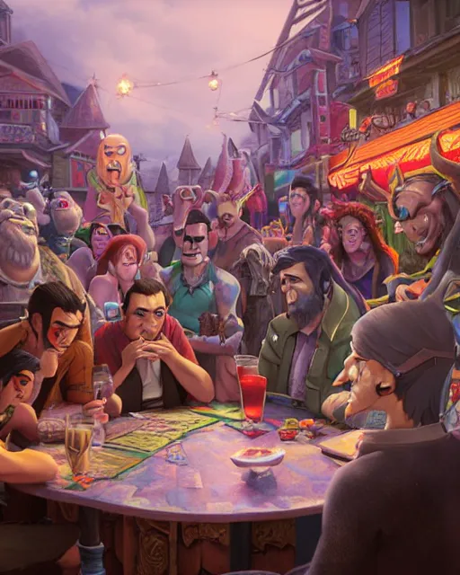 Prompt: an epic fantasy comic book style portrait painting of a group of men having a lan outside a restaurant, beers on the table, crowded, character design by mark ryden and pixar and hayao miyazaki, unreal 5, daz, hyperrealistic, octane render, cosplay, rpg portrait, dynamic lighting, intricate detail, summer vibrancy, cinematic,