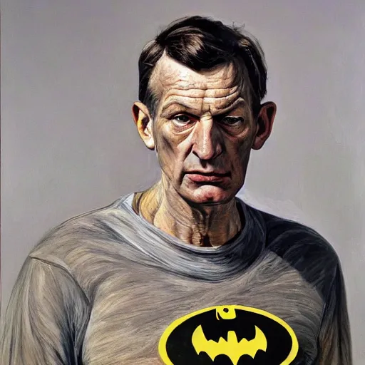 Image similar to high quality high detail painting by lucian freud, hd, portrait of a batman, photorealistic lighting