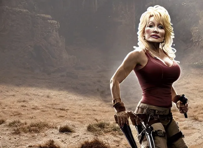 Image similar to film still of!!!! dolly parton!!! as lara croft in new tomb raider movie, 8 k