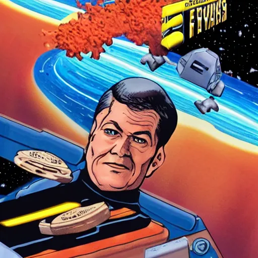 Image similar to star trek engineer!, fighting living giant fries!!!, in space eating them