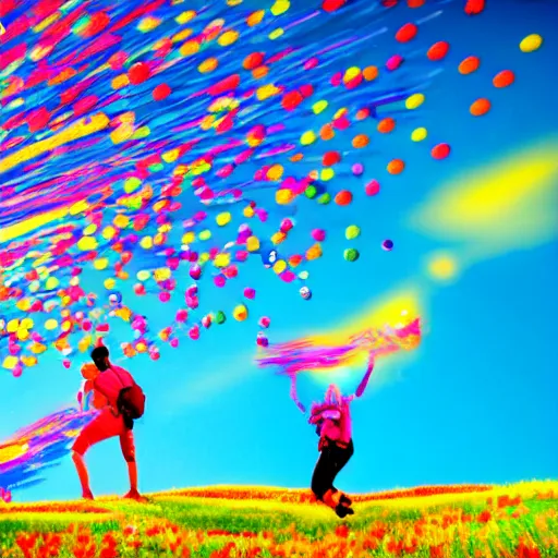 Image similar to hyperpop art of a bucolic landscape with two hikers shattering into millions of brightly coloured Smarties towards the heavens, cinematic shot