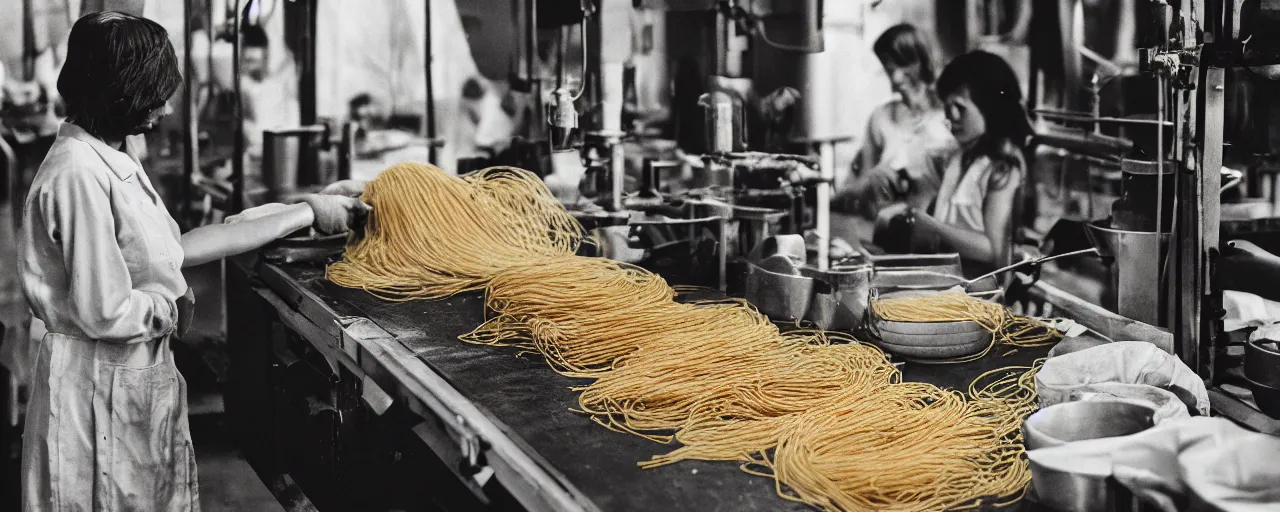 Image similar to a factory where people are processing fresh spaghetti from the tree, canon 5 0 mm, cinematic lighting, photography, retro, film, kodachrome, closeup