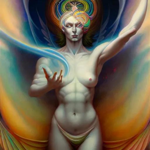 Prompt: psychedelic angelic celestial being artwork of peter mohrbacher, by henry fuseli, ayahuasca, energy body, sacred geometry, esoteric art, rainbow colors, realist, abstract and surreal art styles with anime and cartoon influences divinity