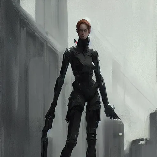 Image similar to concept art by greg rutkowski, a very tall, slender redhead girl wearing futuristic white and black tactical gear, brutalist futuristic interior, dim lighting, detailed portraits, nostalgic atmosphere, scifi, digital painting, artstation, concept art, smooth, sharp foccus ilustration, artstation hq