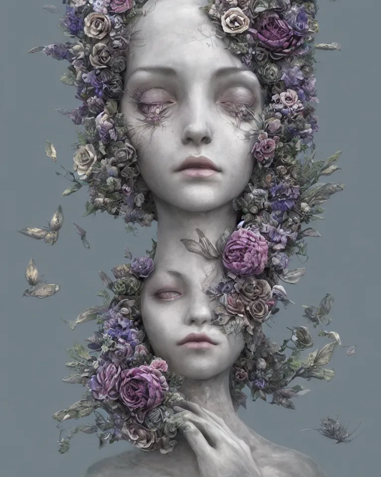 Prompt: front view of an beautiful ethereal female made of concrete and flowers turning into mist, Andrew Ferez, Charlie Bowater, Marco Mazzoni, Seb McKinnon, Ryohei Hase, trending on cgsociety, featured on zbrush central, new sculpture, mystical