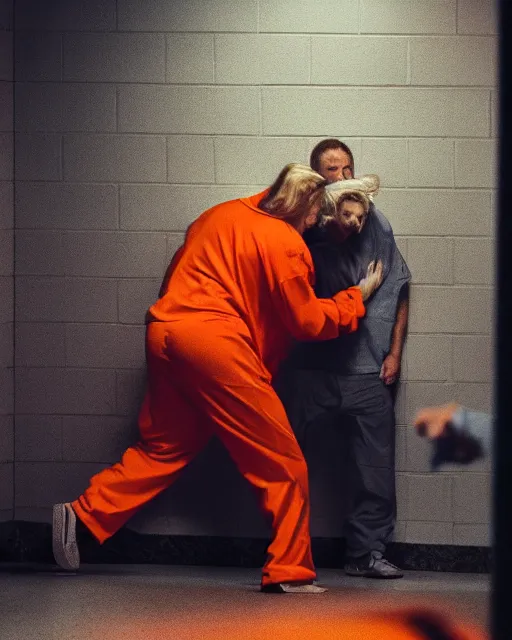 Image similar to Medium shot photo of eagles biting Donald Trumps head in jail, wearing orange pajamas, octane, dramatic lighting, editorial photo, 35mm, very detailed