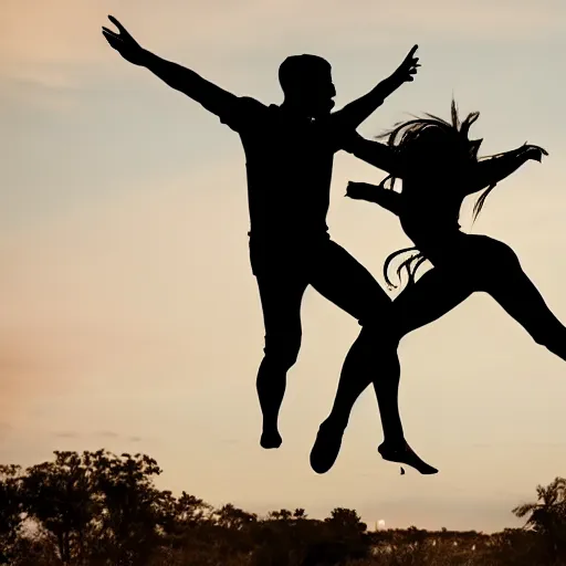 Image similar to a man holding a woman jumps into the air. the two figures are black silhouettes