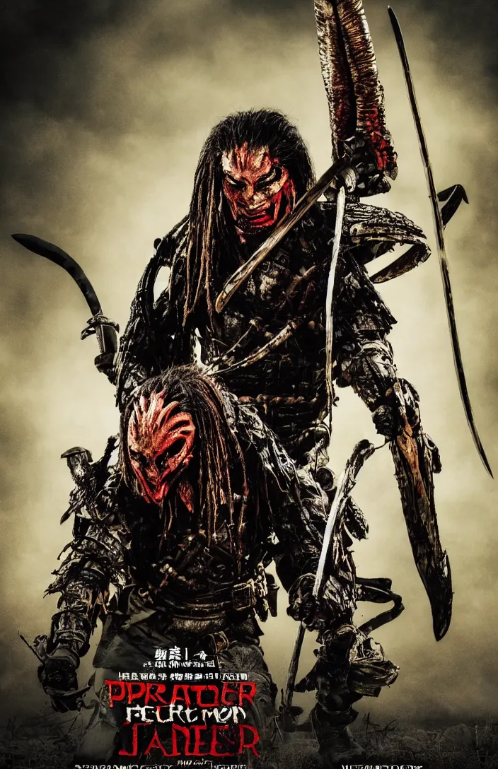 Image similar to movie poster for predator film shot in feudal japan staring hiroyuki sanada as a disgraced ronin who hunts down the predator after he fails to protect his master from it. in the style of al kallis, reynold brown, h. r. geiger.