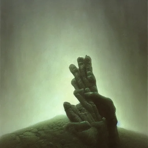 Prompt: arm reaching out of thick fog, tall stone slabs, zdzislaw beksinski