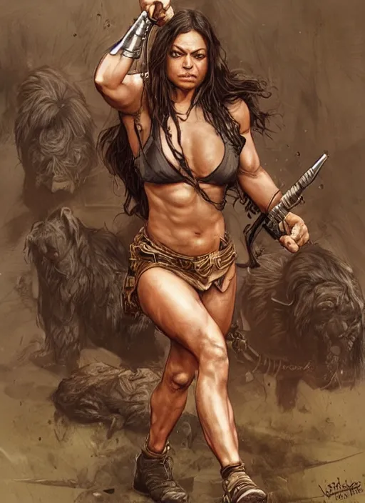 Image similar to exhausted Mila Kunis as a very muscled rugged looking Amazon, dirty, sweating, intricate, elegant, highly detailed, artstation, concept art, sharp focus, art by artgerm and donato giancola and Joseph Christian Leyendecker, WLOP