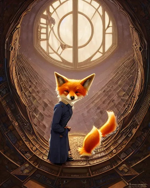 Prompt: anthropomorphic art of a detective fox inside tardis, victorian inspired clothing by artgerm, victo ngai, ryohei hase, artstation. fractal papersand books. highly detailed digital painting, smooth, global illumination, fantasy art by greg rutkowsky, karl spitzweg, doctor who