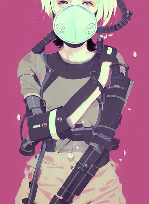 Image similar to singular girl with wearing gas mask, very anime!!! anime!! intricate details, aesthetically pleasing pastel colors, poster background, art by conrad roset and ilya kuvshinov